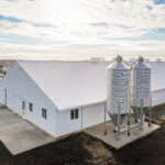 An arial shot of a barn